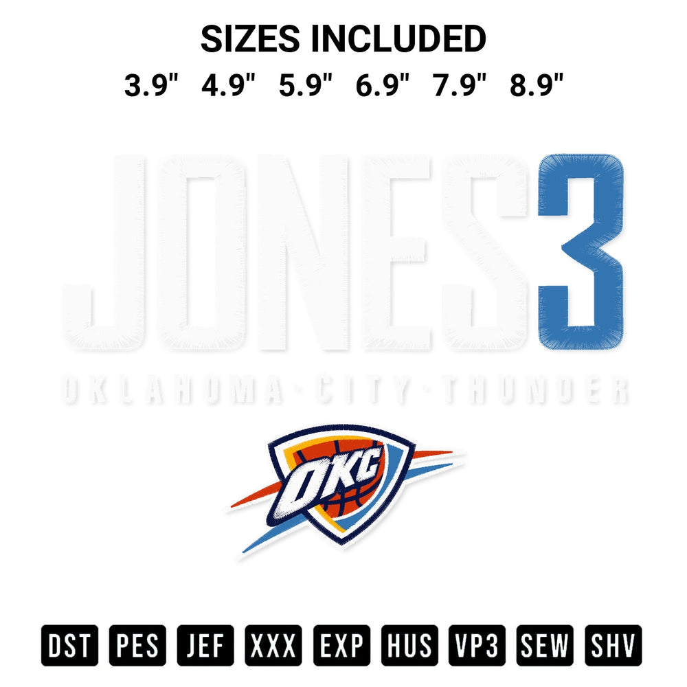 Elevate your next project with our Dillon Jones Oklahoma City Thunder Embroidery Design embroidery file. Shop high-quality digital patterns instantly at Designspacks.com. Available sizes: 3.9", 4.9", 5.9", 6.9", 7.9", 8.9".