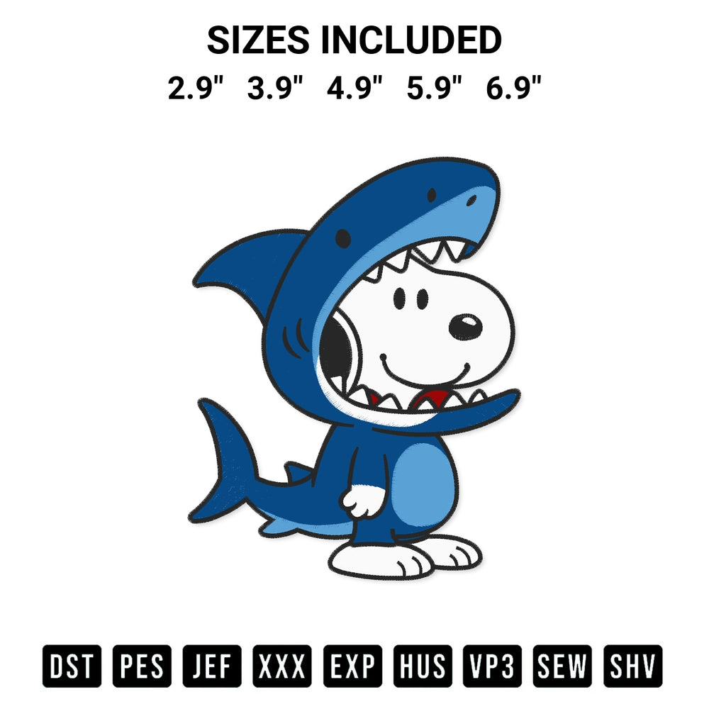 Discover the perfect addition to your crafting collection: Snoopy Shark Costume Embroidery Design embroidery file. Instantly available at Designspacks.com. Available sizes: 2.9", 3.9", 4.9", 5.9", 6.9".