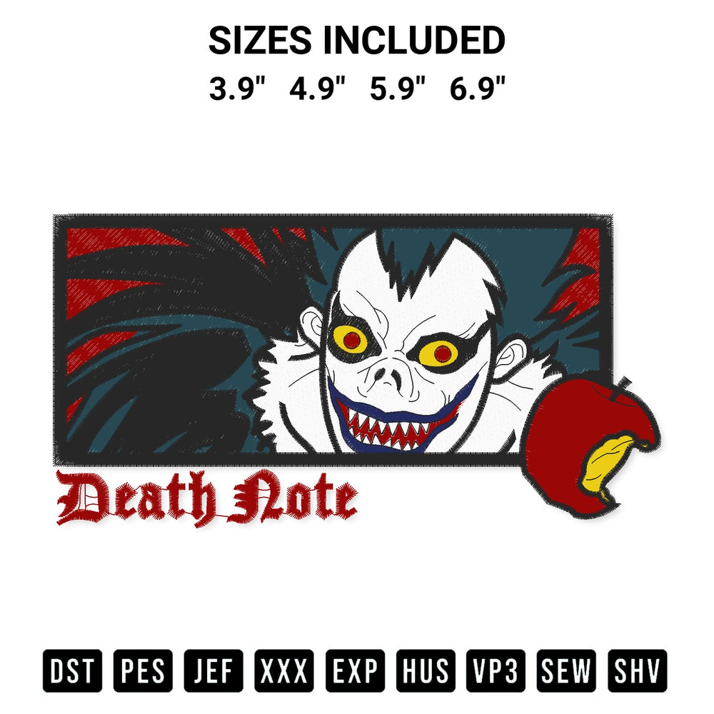Stitch like a pro with the Ryuk Death Note Embroidery Design embroidery pattern from Designspacks.com. High-quality digital machine embroidery file. Available sizes: 3.9", 4.9", 5.9", 6.9".