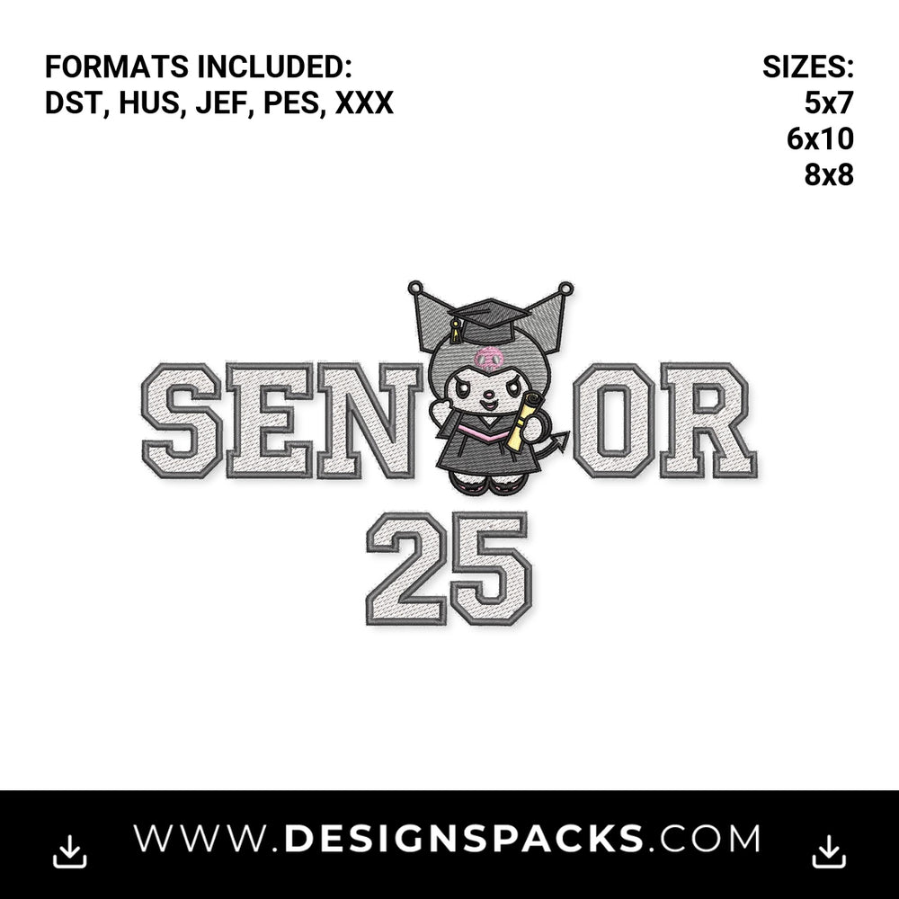 Kuromi Senior 2025 Graduation Embroidery Design - Instant digital download pattern at Designspacks.com