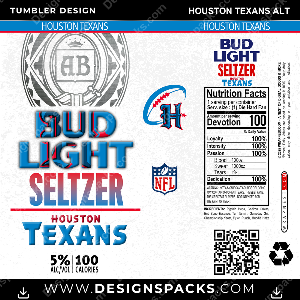 Football Bud Light Seltzer Houston Texans Alt NFL Football Tumbler Digital Wrap Design Download