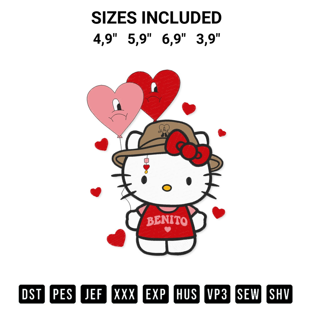 Shop the Hello Kitty Benito Bad Bunny Valentines Cute Gift For Valentines Day Embroidery Design machine embroidery pattern at Designspacks.com. Beautifully digitized for flawless stitching on any fabric. Available sizes: 4,9", 5,9", 6,9", 3,9".