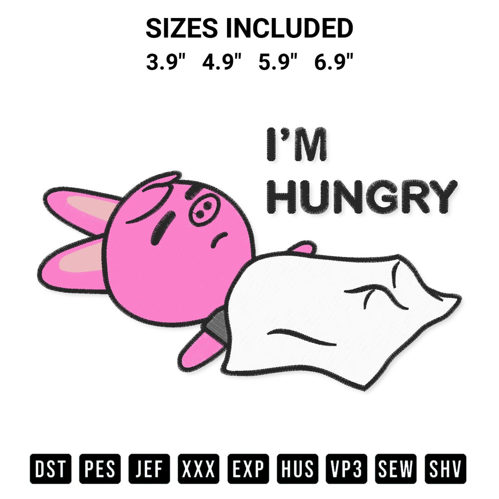 Looking for the perfect pattern? Download the Im Hungry Embroidery Design embroidery design today at Designspacks.com. Crisp, clean stitching guaranteed. Available sizes: 3.9", 4.9", 5.9", 6.9".