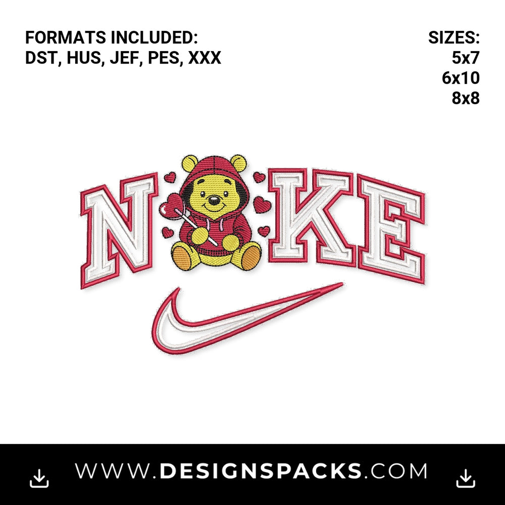 Winnie Pooh Nike Swoosh Valentine File Embroidery Design - Instant digital download pattern at Designspacks.com
