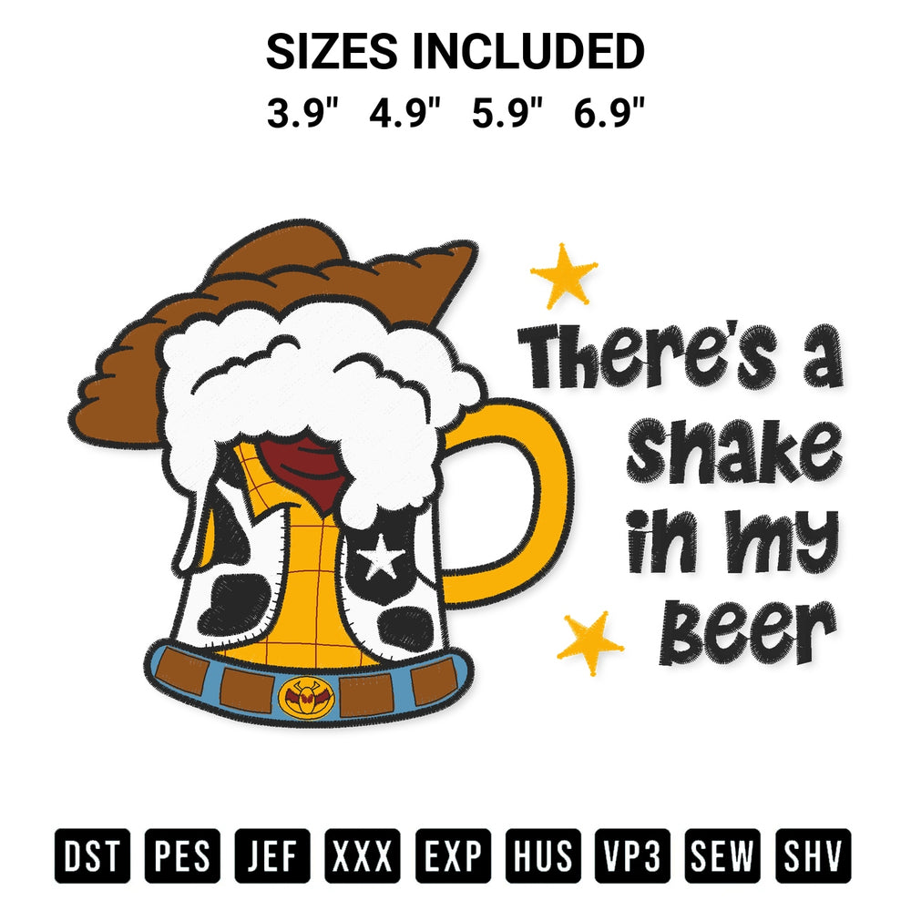 Stitch like a pro with the Theres A Snake In My Beer Embroidery Design embroidery pattern from Designspacks.com. High-quality digital machine embroidery file. Available sizes: 3.9", 4.9", 5.9", 6.9".