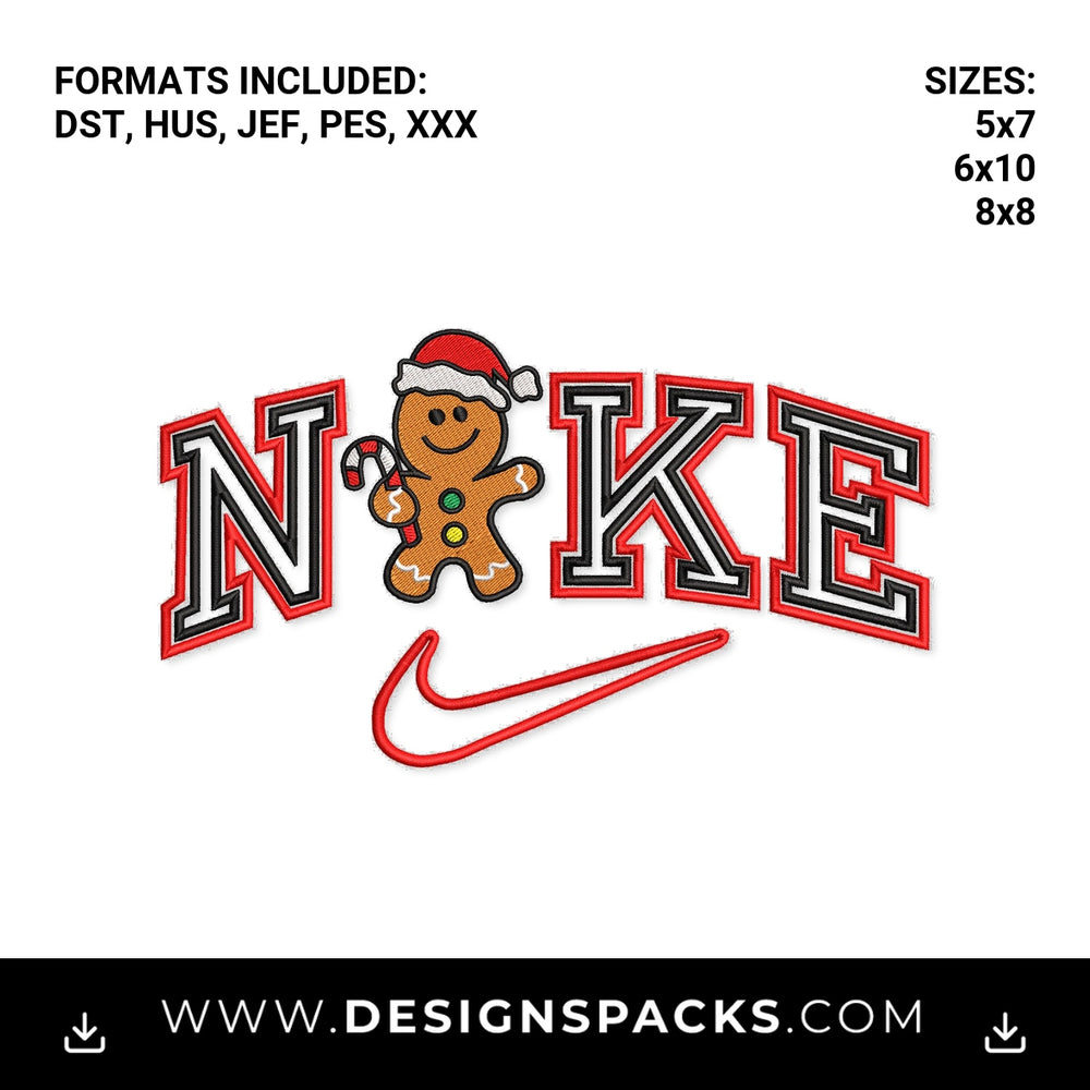 Christmas Gingerbread Varsity Swoosh Embroidery Design - Instant digital download pattern at Designspacks.com