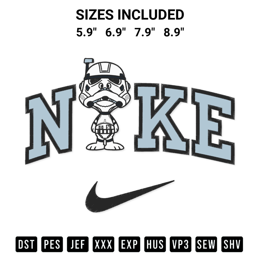 Shop the Snoopy Stormtrooper X Nike Embroidery Design machine embroidery pattern at Designspacks.com. Beautifully digitized for flawless stitching on any fabric. Available sizes: 5.9", 6.9", 7.9", 8.9".