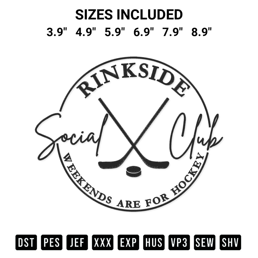 Download the Rinkside Hockey Social Club Embroidery Design machine embroidery design exclusively at Designspacks.com. Premium digitized pattern for apparel and DIY crafts. Available sizes: 3.9", 4.9", 5.9", 6.9", 7.9", 8.9".