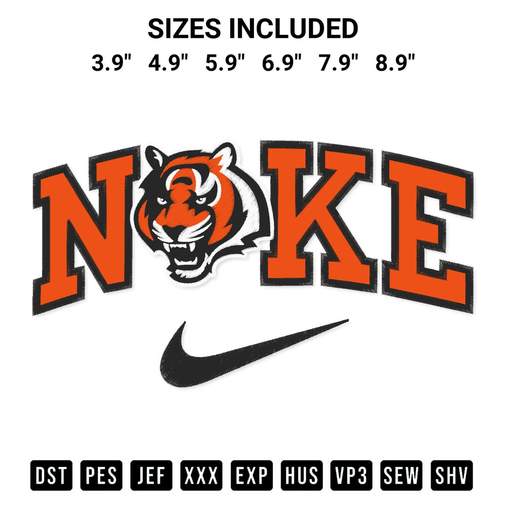 Stitch like a pro with the Cincinnati Bengals X Nike Embroidery Design embroidery pattern from Designspacks.com. High-quality digital machine embroidery file. Available sizes: 3.9", 4.9", 5.9", 6.9", 7.9", 8.9".