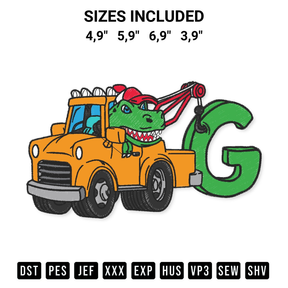 Stitch like a pro with the Kids Birthday Tow Truck Dinosaur T Rex Custom Name Birthday Gift Logo Embroidery Design embroidery pattern from Designspacks.com. High-quality digital machine embroidery file. Available sizes: 4,9", 5,9", 6,9", 3,9".
