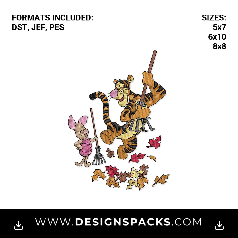 Tigger and Piglet Raking Fall Leaves Embroidery Design - Instant digital download pattern at Designspacks.com