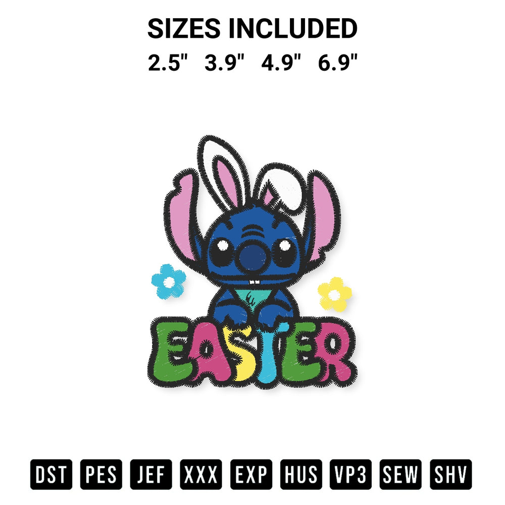Add a unique touch to your apparel with the Stitch Easter Bunny Embroidery Design embroidery file. Premium instant download available now on Designspacks.com. Available sizes: 2.5", 3.9", 4.9", 6.9".