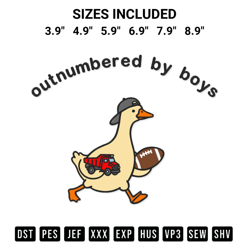 Create amazing crafts with the Goose Outnumbered By Boys Embroidery Design embroidery file. High-quality digital download from Designspacks.com, perfect for beginners and pros. Available sizes: 3.9", 4.9", 5.9", 6.9", 7.9", 8.9".