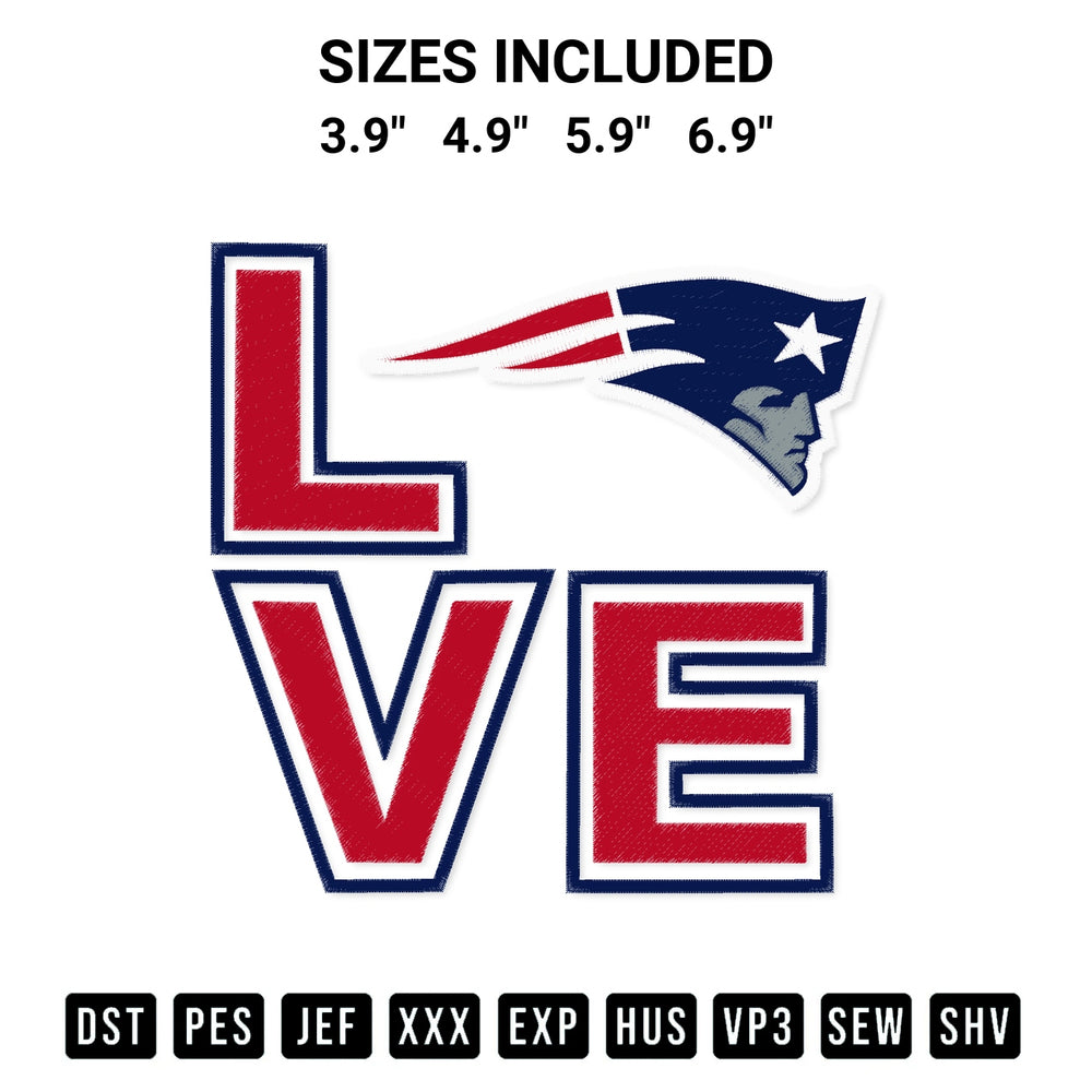 Get the Love New England Patriots Embroidery Design embroidery design for your custom crafts! Premium digitized files available for instant download at Designspacks.com. Available sizes: 3.9", 4.9", 5.9", 6.9".