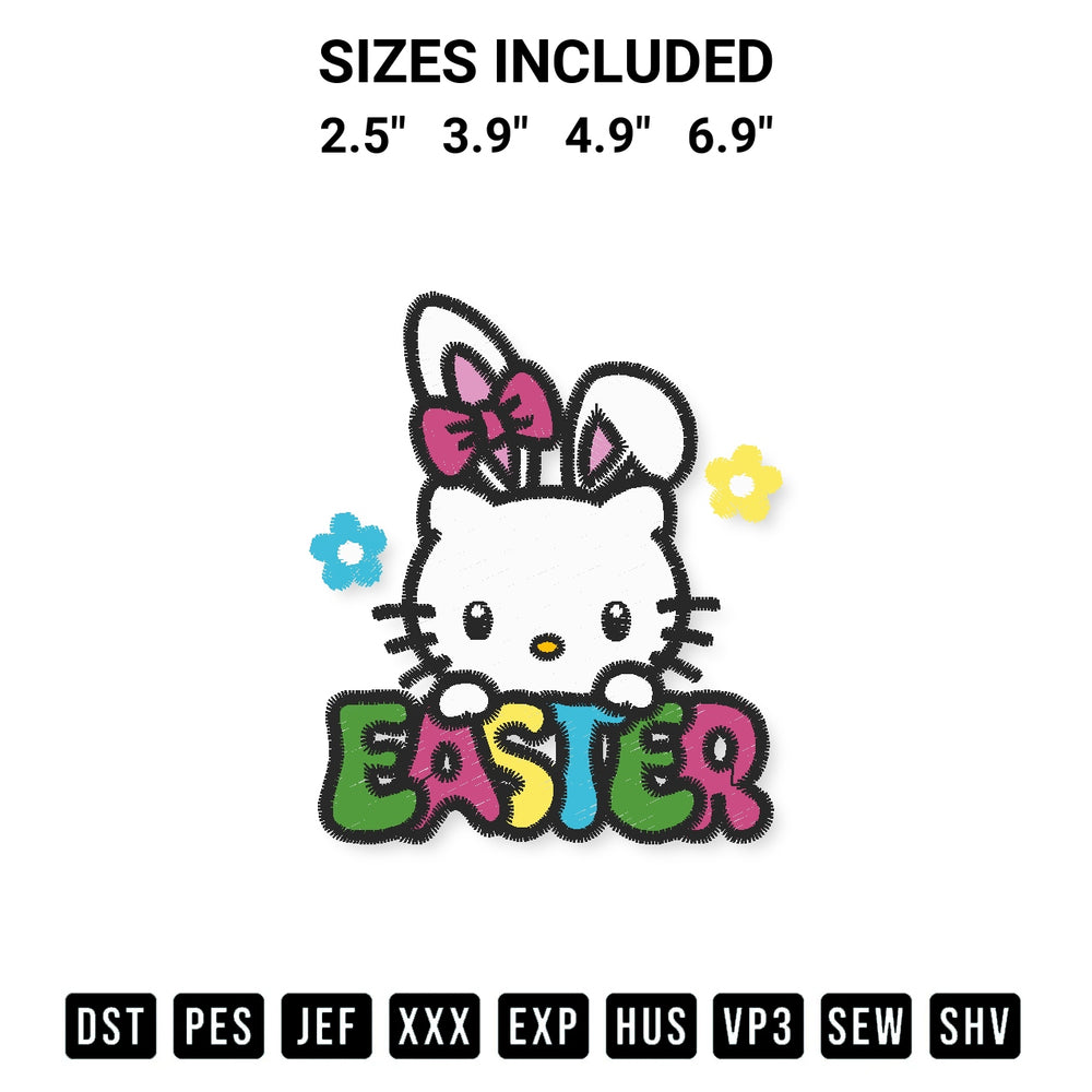 Transform your fabrics with the Hello Kitty Easter Bunny Embroidery Design embroidery design. Instant access to premium digitized patterns at Designspacks.com. Available sizes: 2.5", 3.9", 4.9", 6.9".