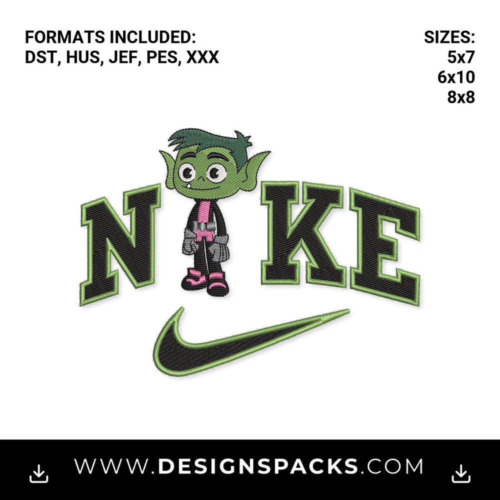 Teen Titans Beast Boy Nike Swoosh Embroidery Design - Instant digital download pattern at Designspacks.com