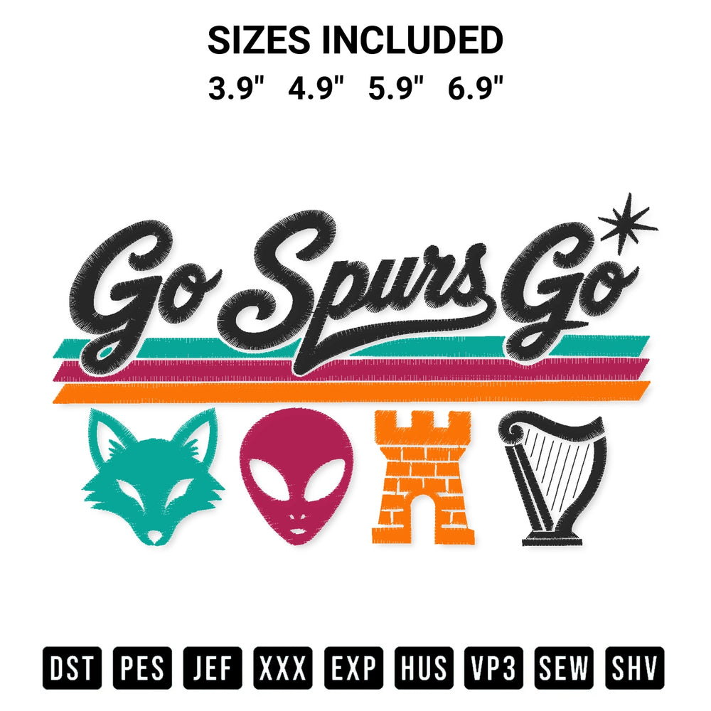 Add a unique touch to your apparel with the Go Spurs Go Fox Alien Castle Harper Embroidery Design embroidery file. Premium instant download available now on Designspacks.com. Available sizes: 3.9", 4.9", 5.9", 6.9".