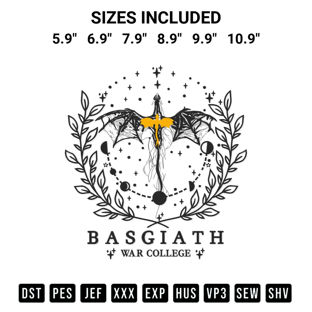 Stitch like a pro with the Basgiath War College Embroidery Design embroidery pattern from Designspacks.com. High-quality digital machine embroidery file. Available sizes: 5.9", 6.9", 7.9", 8.9", 9.9", 10.9".