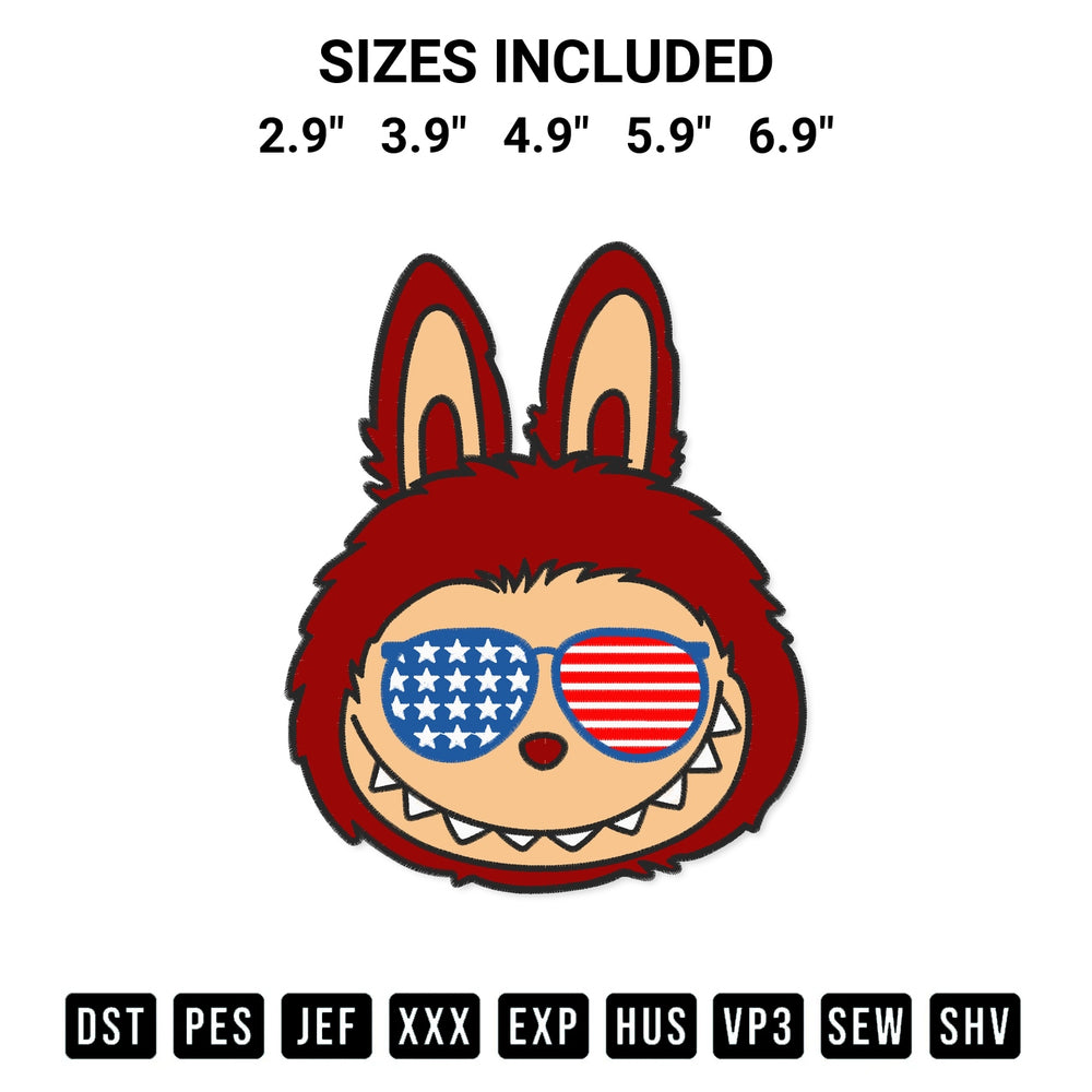 Add a unique touch to your apparel with the Labubu Wear American Flag Glasses Embroidery Design embroidery file. Premium instant download available now on Designspacks.com. Available sizes: 2.9", 3.9", 4.9", 5.9", 6.9".