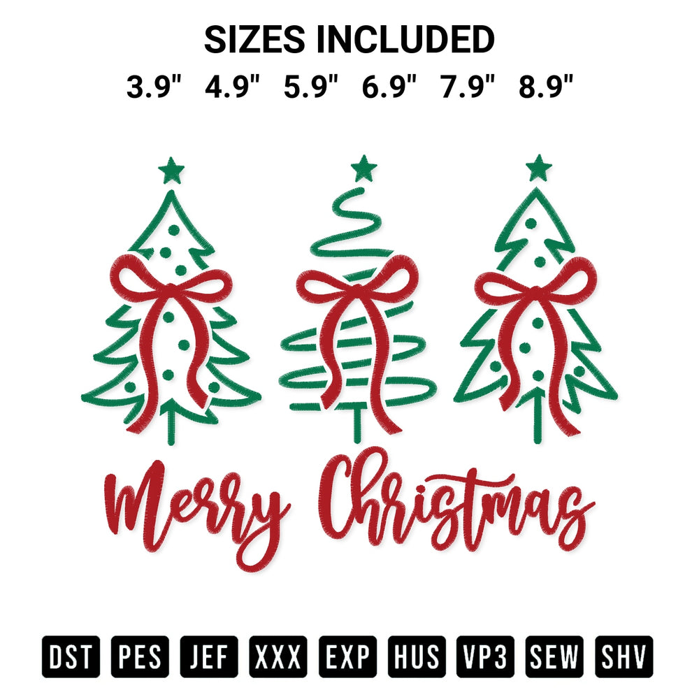 Looking for the perfect pattern? Download the Merry Christmas Trees With Bows Embroidery Design embroidery design today at Designspacks.com. Crisp, clean stitching guaranteed. Available sizes: 3.9", 4.9", 5.9", 6.9", 7.9", 8.9".