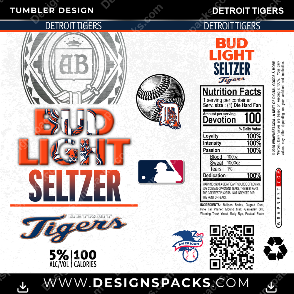 Baseball Bud Light Seltzer Detroit Tigers Tumbler Digital Wrap Design