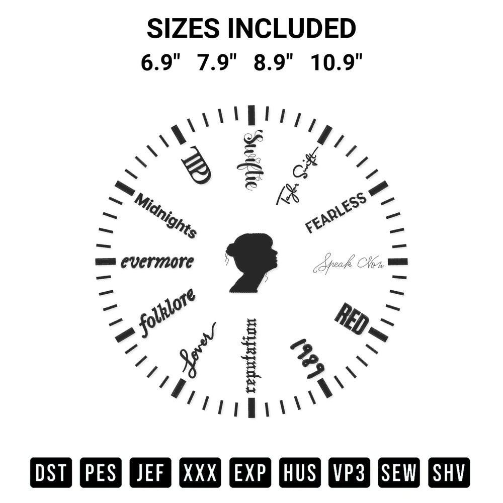 Download the Taylor Swift Albums Clock Embroidery Design machine embroidery design exclusively at Designspacks.com. Premium digitized pattern for apparel and DIY crafts. Available sizes: 6.9", 7.9", 8.9", 10.9".