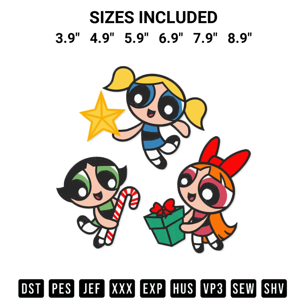 Get the Powerpuff Girls Merry Christmas Embroidery Design embroidery design for your custom crafts! Premium digitized files available for instant download at Designspacks.com. Available sizes: 3.9", 4.9", 5.9", 6.9", 7.9", 8.9".