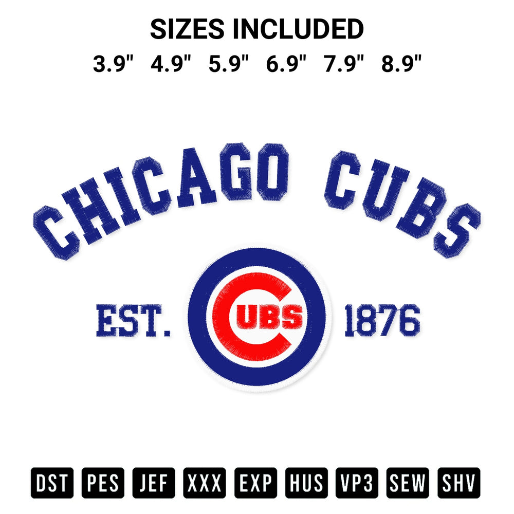 Shop the Chicago Cubs Est 1876 Embroidery Design machine embroidery pattern at Designspacks.com. Beautifully digitized for flawless stitching on any fabric. Available sizes: 3.9", 4.9", 5.9", 6.9", 7.9", 8.9".