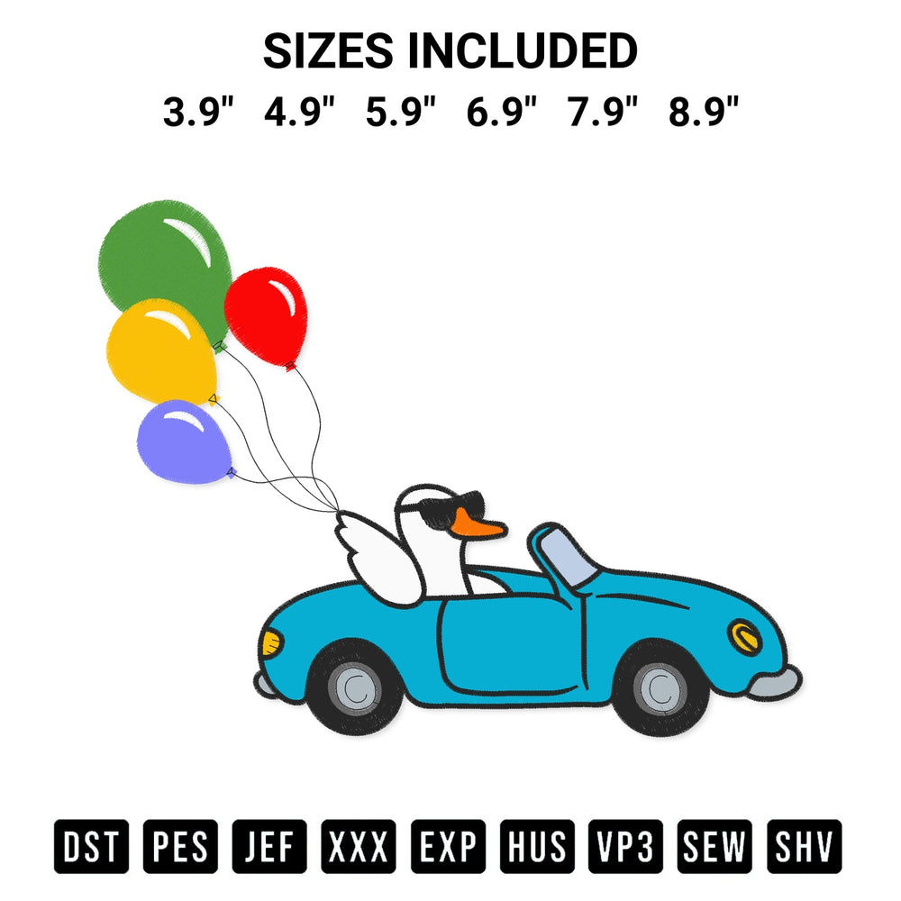 Add a unique touch to your apparel with the Silly Goose Car With Balloons Embroidery Design embroidery file. Premium instant download available now on Designspacks.com. Available sizes: 3.9", 4.9", 5.9", 6.9", 7.9", 8.9".