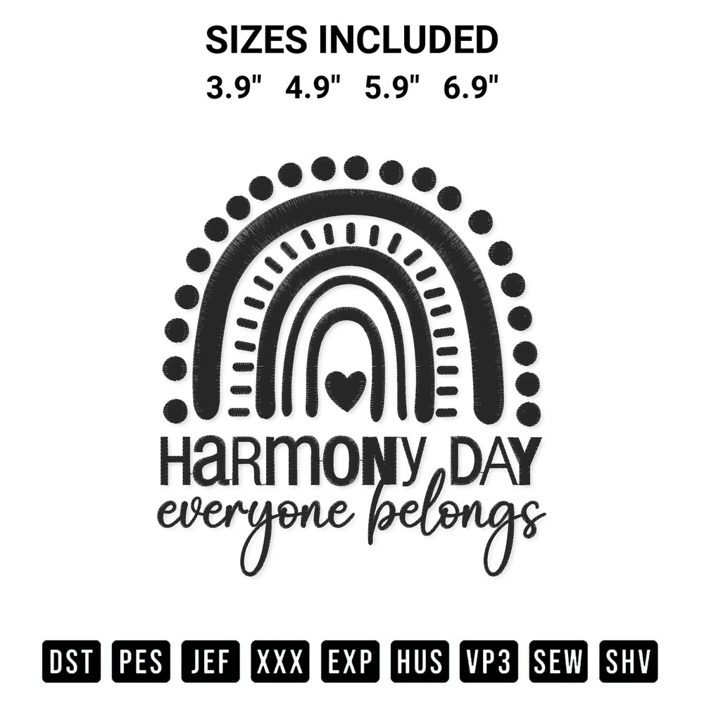 Stitch like a pro with the Harmony Day Everyone Belongs Embroidery Design embroidery pattern from Designspacks.com. High-quality digital machine embroidery file. Available sizes: 3.9", 4.9", 5.9", 6.9".