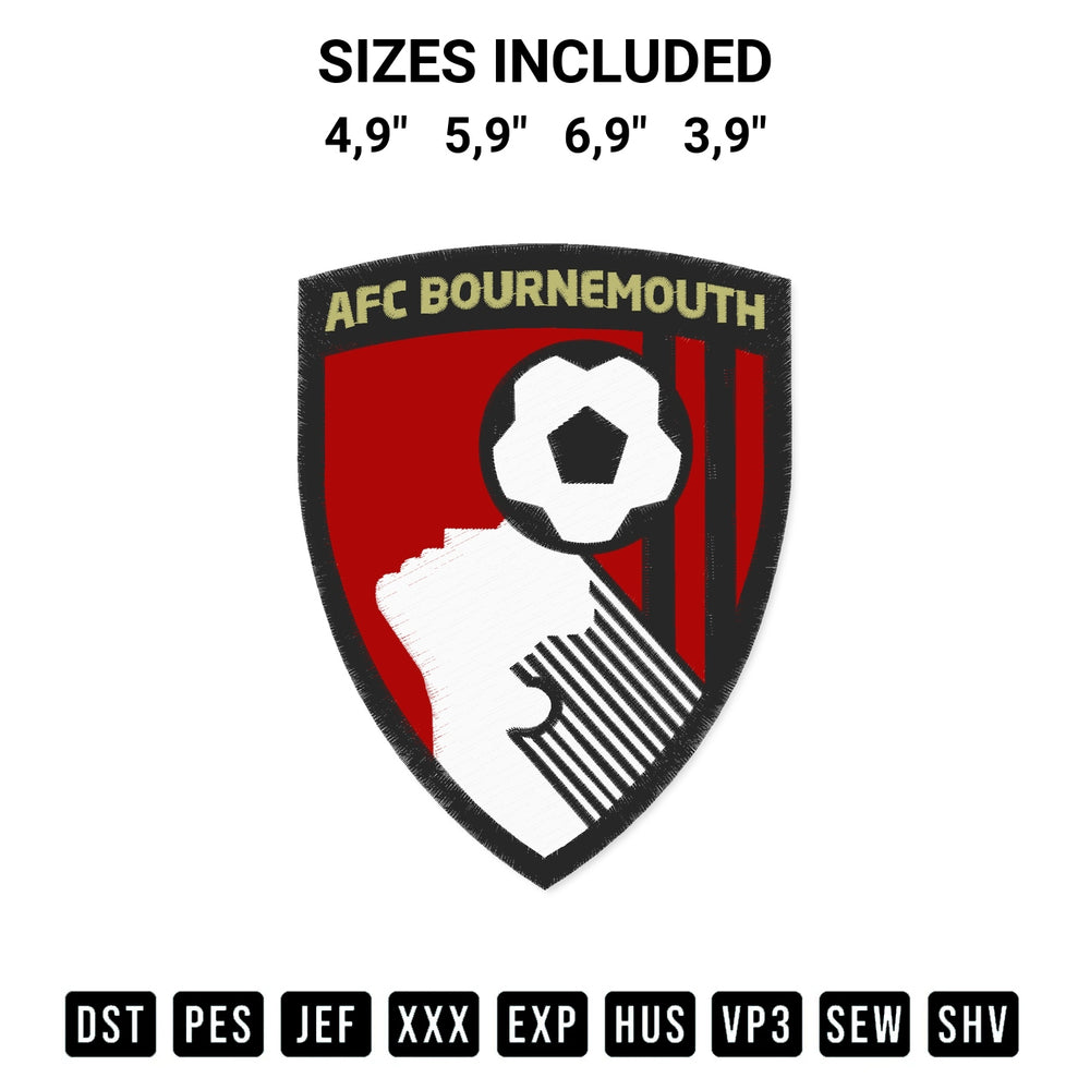 Download the Afc Bournemouth Logo Embroidery Design machine embroidery design exclusively at Designspacks.com. Premium digitized pattern for apparel and DIY crafts. Available sizes: 4,9", 5,9", 6,9", 3,9".