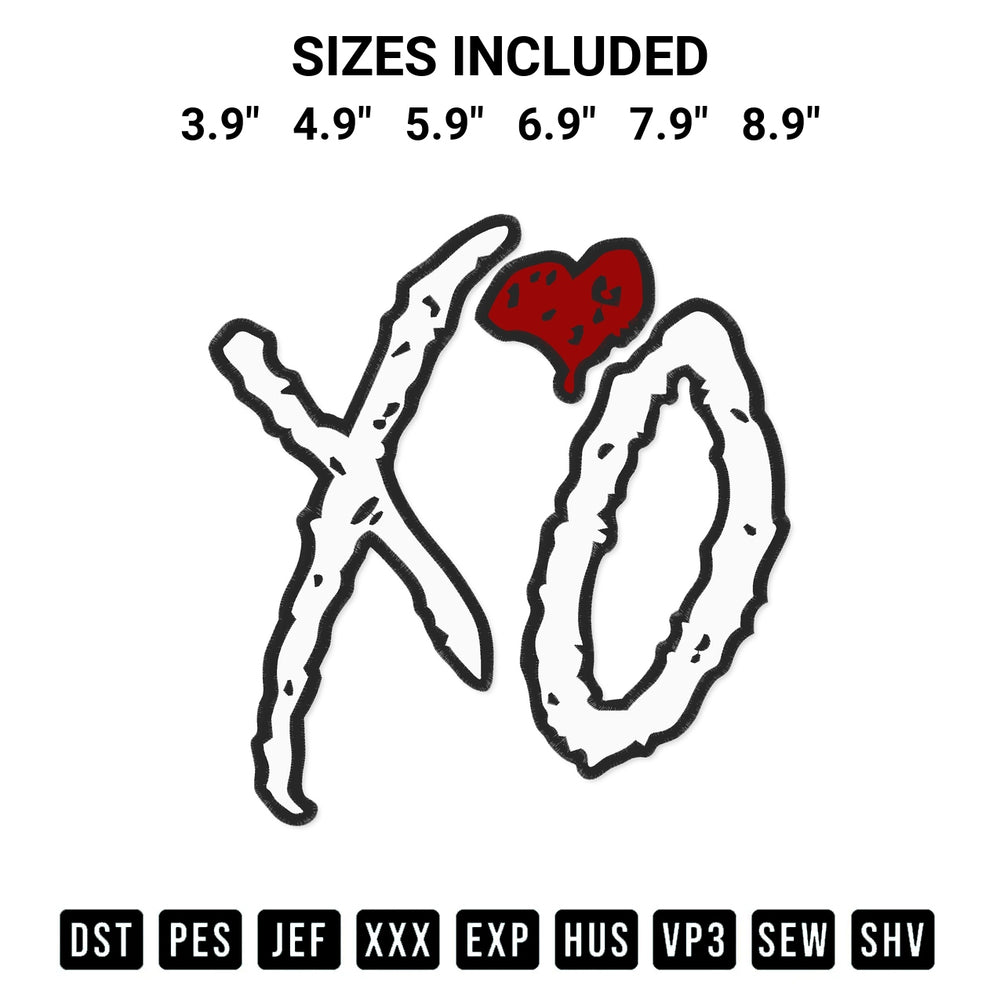 Shop the Xo Logo The Weeknd Embroidery Design machine embroidery pattern at Designspacks.com. Beautifully digitized for flawless stitching on any fabric. Available sizes: 3.9", 4.9", 5.9", 6.9", 7.9", 8.9".