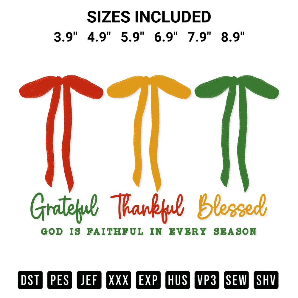 Get the Grateful Thankful Blessed Christian Fall Embroidery Design embroidery design for your custom crafts! Premium digitized files available for instant download at Designspacks.com. Available sizes: 3.9", 4.9", 5.9", 6.9", 7.9", 8.9".