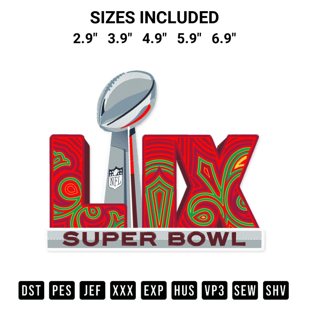 Shop the Super Bowl Lix Logo Embroidery Design machine embroidery pattern at Designspacks.com. Beautifully digitized for flawless stitching on any fabric. Available sizes: 2.9", 3.9", 4.9", 5.9", 6.9".