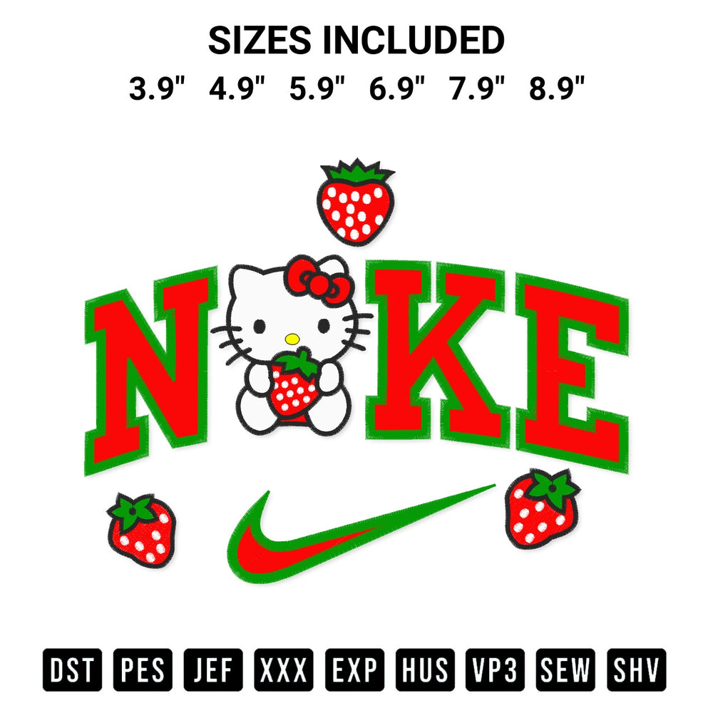 Shop the Hello Kitty Strawberries X Nike Embroidery Design machine embroidery pattern at Designspacks.com. Beautifully digitized for flawless stitching on any fabric. Available sizes: 3.9", 4.9", 5.9", 6.9", 7.9", 8.9".