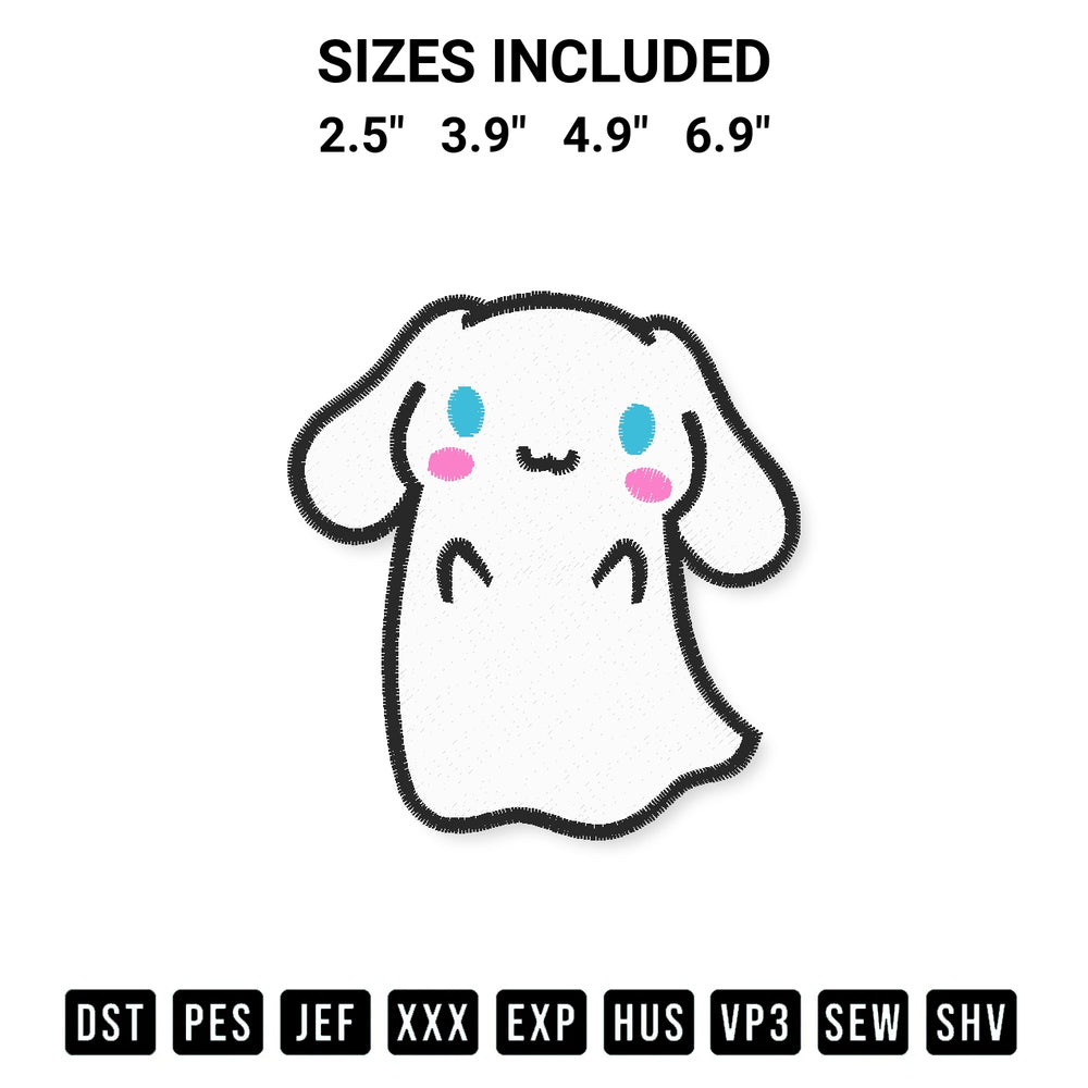Add a unique touch to your apparel with the Cinnamoroll Ghost Embroidery Design embroidery file. Premium instant download available now on Designspacks.com. Available sizes: 2.5", 3.9", 4.9", 6.9".