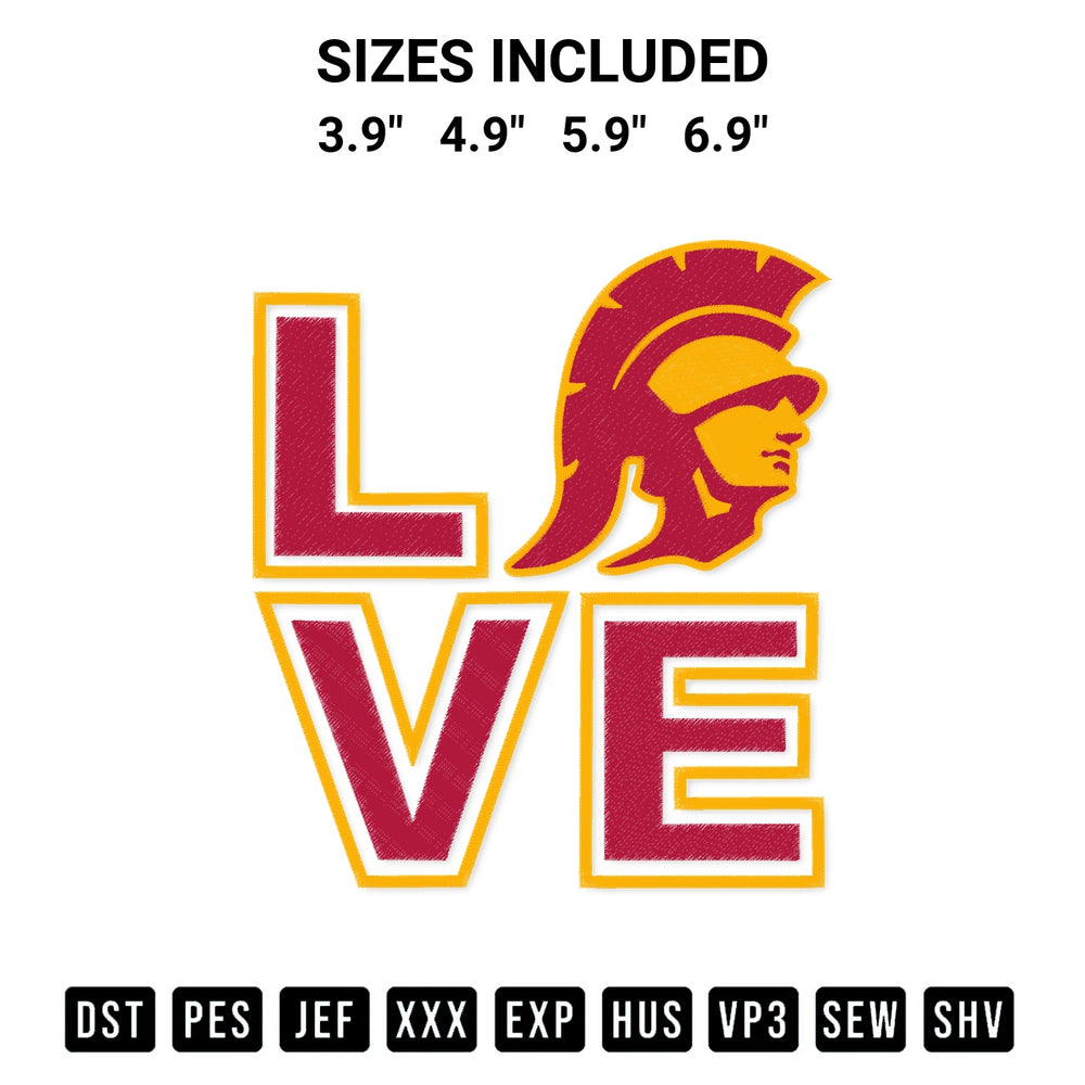 Download the Love Usc Trojans Embroidery Design machine embroidery design exclusively at Designspacks.com. Premium digitized pattern for apparel and DIY crafts. Available sizes: 3.9", 4.9", 5.9", 6.9".