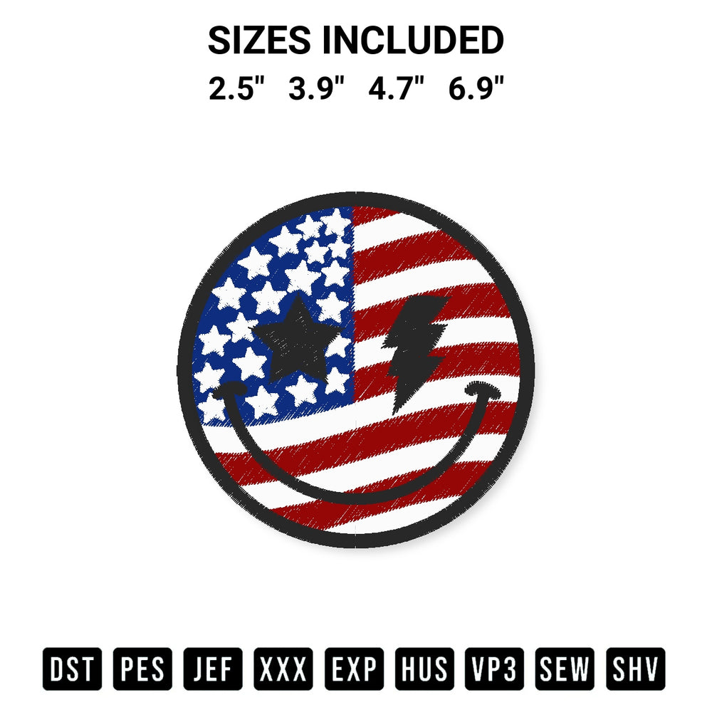 Transform your fabrics with the American Smile Embroidery Design embroidery design. Instant access to premium digitized patterns at Designspacks.com. Available sizes: 2.5", 3.9", 4.7", 6.9".