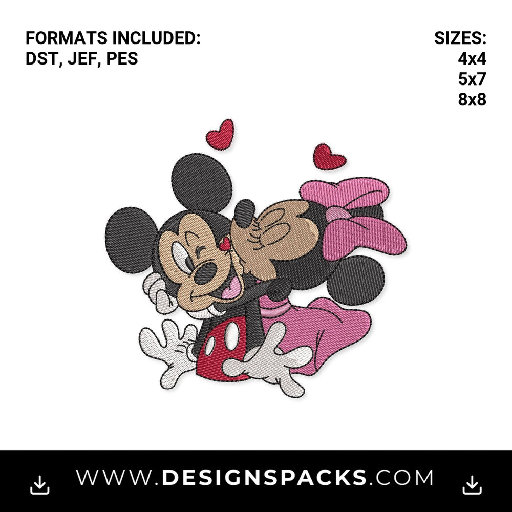 Minnie Kissing Mickey Mouse with Hearts Embroidery Design - Instant digital download pattern at Designspacks.com