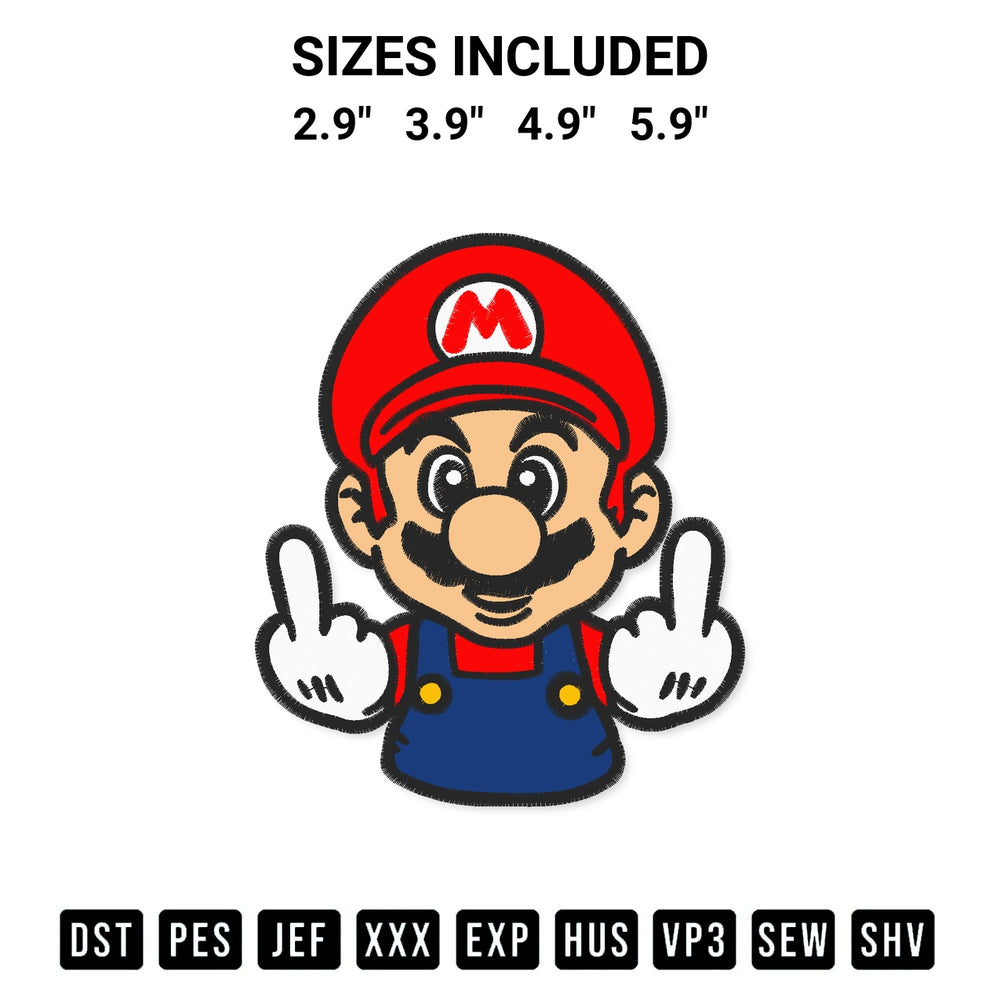 Looking for the perfect pattern? Download the Super Mario Middle Finger Embroidery Design embroidery design today at Designspacks.com. Crisp, clean stitching guaranteed. Available sizes: 2.9", 3.9", 4.9", 5.9".