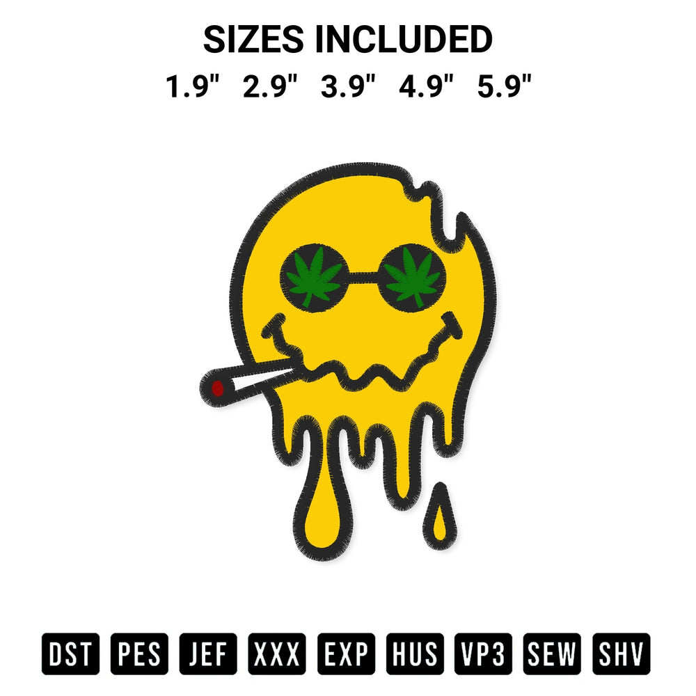 Looking for the perfect pattern? Download the Melt Weed Smoking Smiley Face Embroidery Design embroidery design today at Designspacks.com. Crisp, clean stitching guaranteed. Available sizes: 1.9", 2.9", 3.9", 4.9", 5.9".