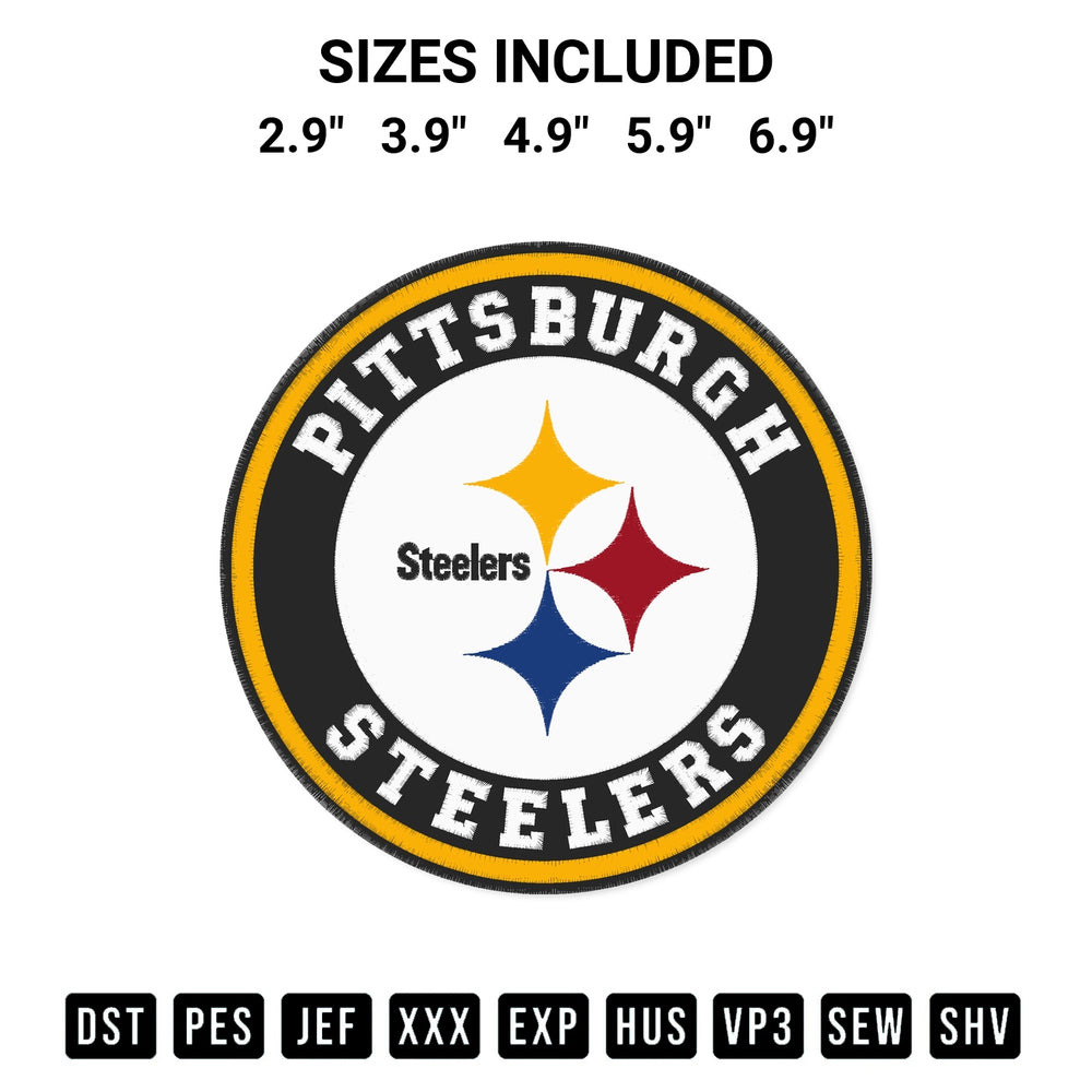 Add a unique touch to your apparel with the Pittsburgh Steelers Circle Logo Embroidery Design embroidery file. Premium instant download available now on Designspacks.com. Available sizes: 2.9", 3.9", 4.9", 5.9", 6.9".