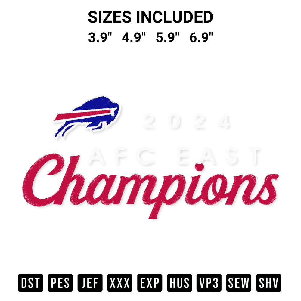 Create amazing crafts with the 2024 Afc East Champions Buffalo Bills Embroidery Design embroidery file. High-quality digital download from Designspacks.com, perfect for beginners and pros. Available sizes: 3.9", 4.9", 5.9", 6.9".
