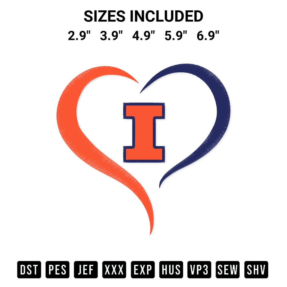 Download the Illinois Fighting Illini Heart Embroidery Design machine embroidery design exclusively at Designspacks.com. Premium digitized pattern for apparel and DIY crafts. Available sizes: 2.9", 3.9", 4.9", 5.9", 6.9".