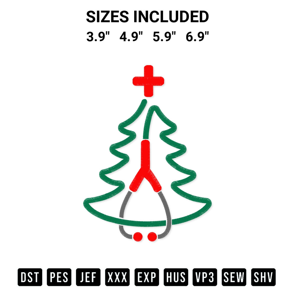 Add a unique touch to your apparel with the Stethoscope Christmas Tree Embroidery Design embroidery file. Premium instant download available now on Designspacks.com. Available sizes: 3.9", 4.9", 5.9", 6.9".