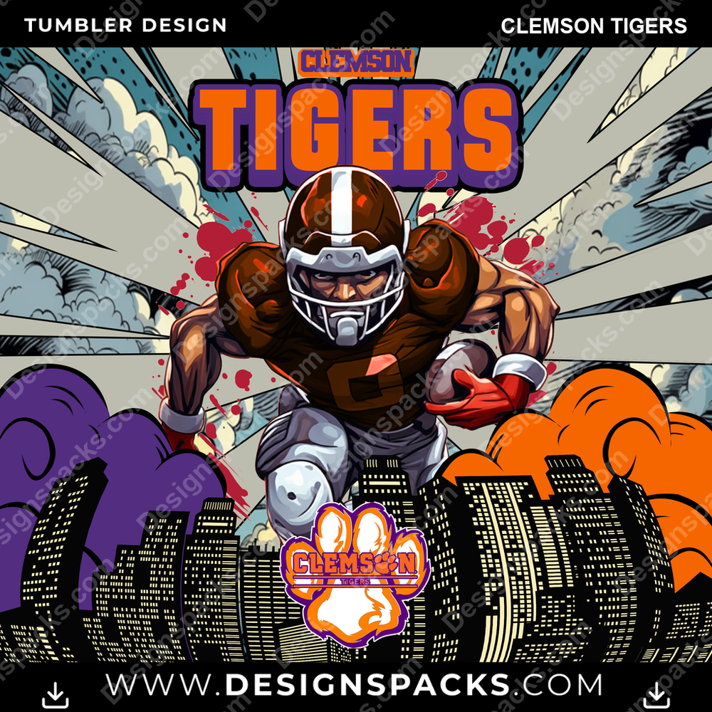 College Sport Comic Cover Clemson Tigers Tumbler Digital Wrap Design