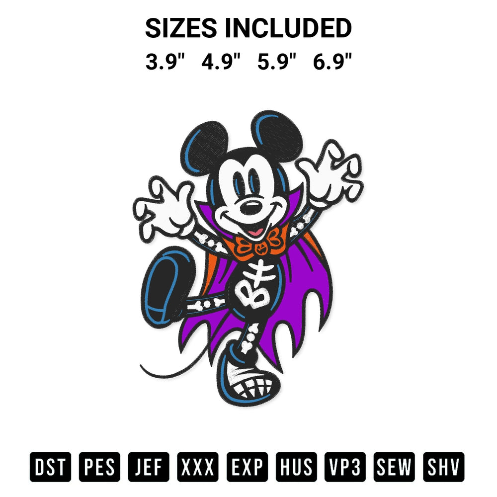 Stitch like a pro with the Mickey Mouse Skeleton Halloween Embroidery Design embroidery pattern from Designspacks.com. High-quality digital machine embroidery file. Available sizes: 3.9", 4.9", 5.9", 6.9".