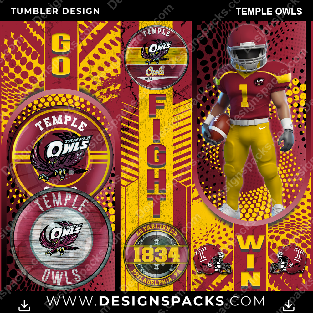 College Sport Go Fight Win Temple Owls NCAA College Sport Tumbler Digital Wrap Design Download