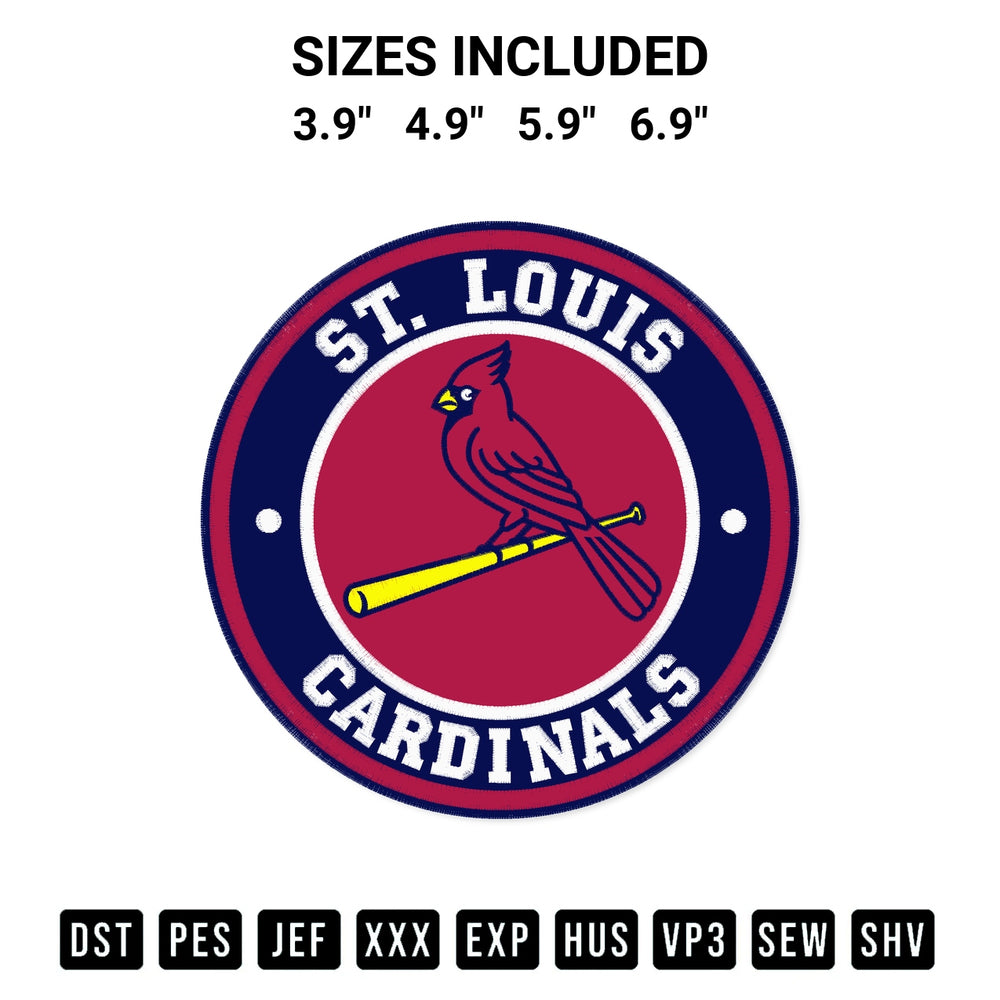 Stitch like a pro with the St Louis Cardinals Circle Logo Embroidery Design embroidery pattern from Designspacks.com. High-quality digital machine embroidery file. Available sizes: 3.9", 4.9", 5.9", 6.9".