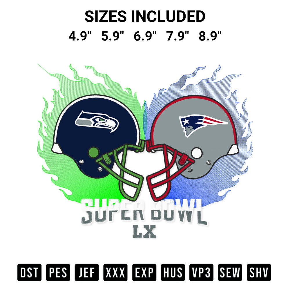 Transform your fabrics with the Seahawks Vs Patriots Super Bowl Lx Embroidery Design embroidery design. Instant access to premium digitized patterns at Designspacks.com. Available sizes: 4.9", 5.9", 6.9", 7.9", 8.9".